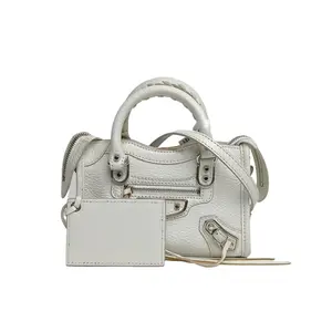 Pre-owned Balenciaga leather Tote Bags 【Zanna】CLASSIC METALLIC EDGE CITY Metal Motorcycle Bag Super Mini 19cm White Sheepskin