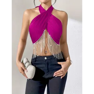 Solid Color Tassel Chain Backless Top for Women