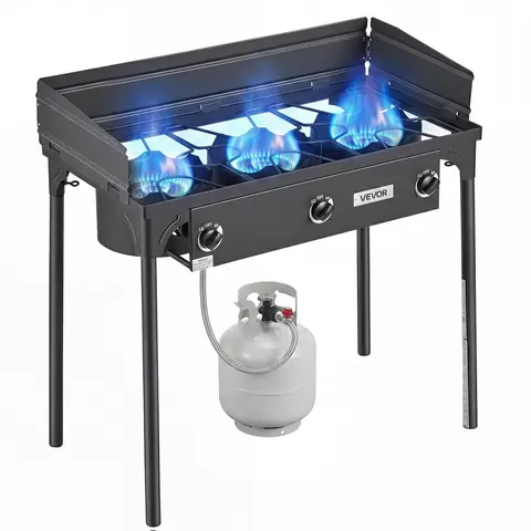VEVOR 3 Burner Outdoor Propane Gas Stove 225,000 BTU, Heavy-Duty Rust-Resistant Carbon Steel Camping Cooker with Tall Stand, Wind Shield, Regulator & Detachable Parts, 34.8in Wide, Portable for Backyard Patio BBQ & RV Gatherings
