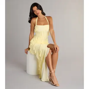 Blake Mesh Halter Slit Ruffle Formal Dress