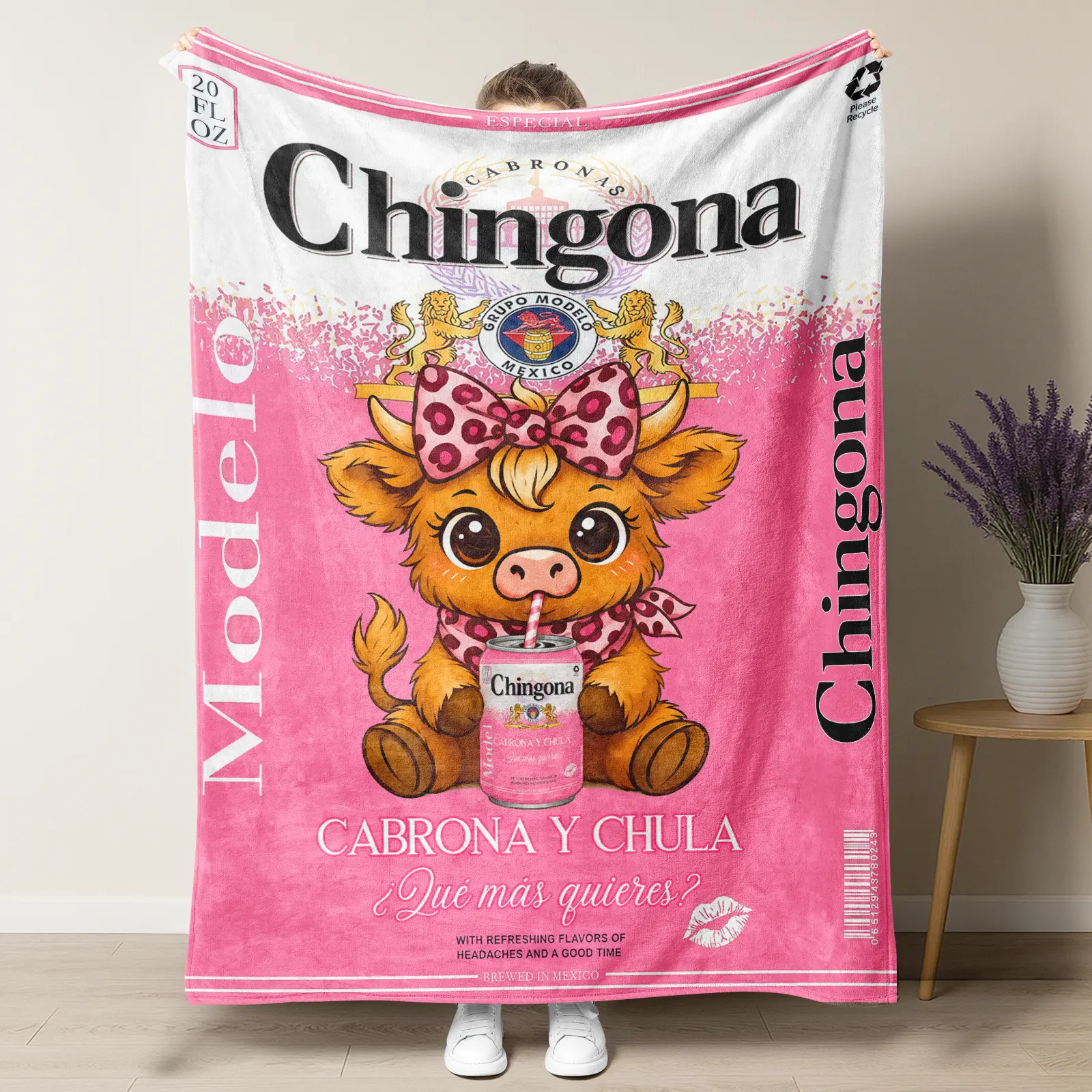 Latina Chingona Highland Cow Flannel Blanket,’Cabrona Y Chula' Modelo Beer Inspired Throw,Pink Cozy Highland Cow Blanket With Leopard Bow For Girl Boss Vibe For Women,summervibes