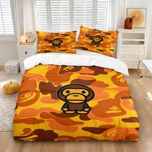 Bape Baby Milo Orange Brown Camouflage Duvet Cover Set, 1 Piece Duvet and 1-2 Pillowcases without Filling, Trendy Street Style & Cute Characters, Soft Bedding, Unique Fashion Bedroom Decoration, Bed Sets, Bed Sets Supplies