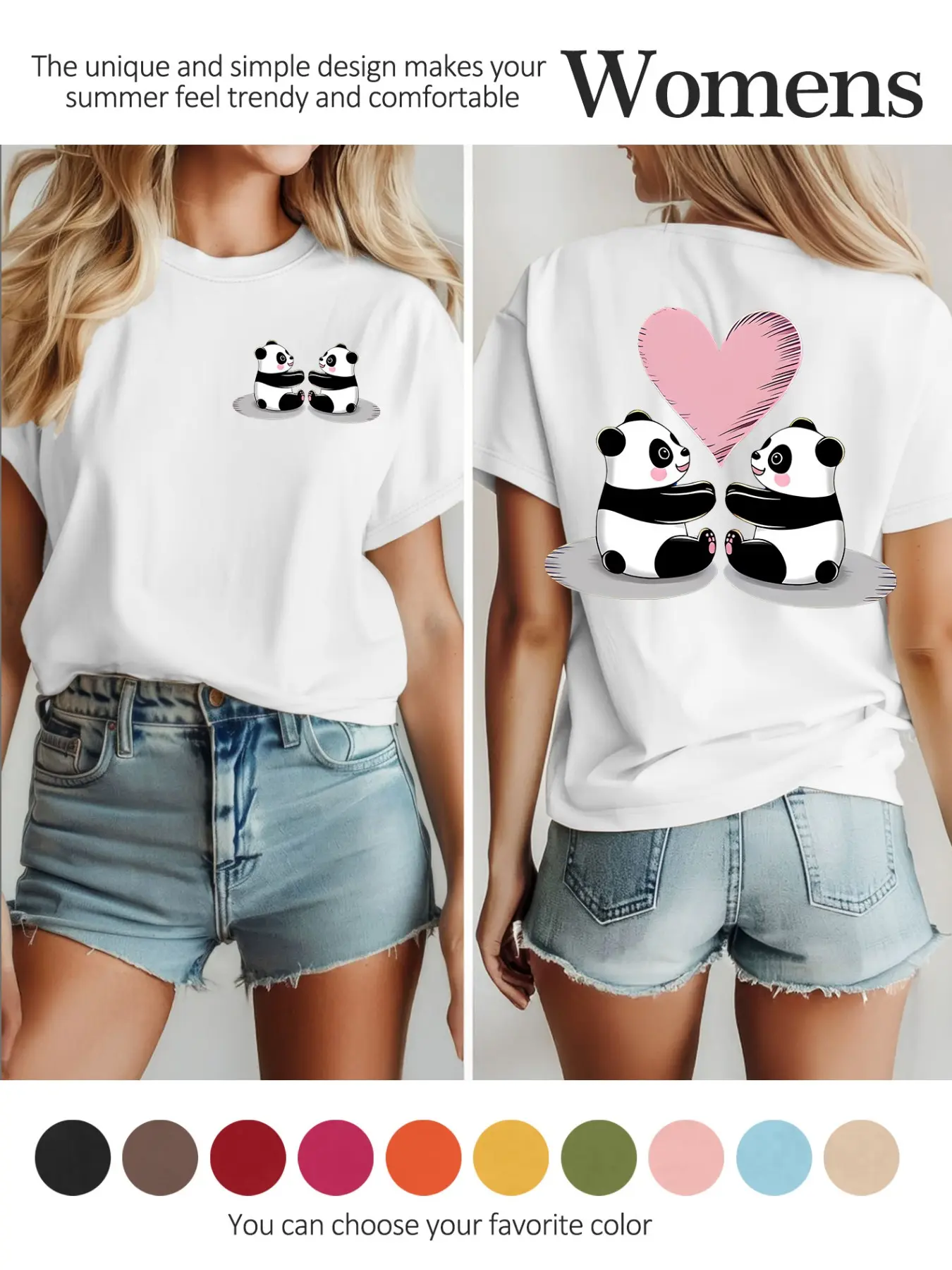 Women's Crew Neck Short Sleeve T-Shirt, Cute Pandas with Heart Print, Multiple Colors, Machine Washable, Spring & Summer Top, Soft Skin-Friendly, Daily Wear, Fashion Design, Casual Womenswear
