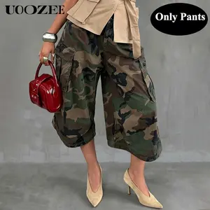 UOOZEE Women's Camo Print 100% Cotton Cargo Culottes, Elastic Waist Cropped Culottes with Side Pockets, Loose Fit Streetwear Trousers, Size Down for Slim Look