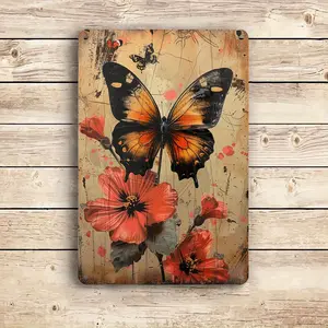 1pc Vintage Bohemian Butterfly & Floral Metal Wall Art - Rustic Iron Tin Sign with Red Poppies & Butterfly Design, Square Wall Hanging Decor for Home, Garden, Living Room, Bedroom - No Electricity Needed, Easy Mounting, Perfect for Christma