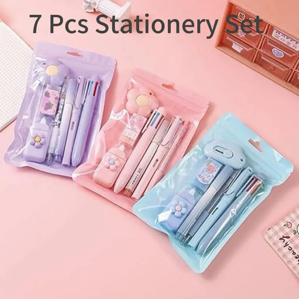7-Pack Kawaii Pastel Stationery Set, Cute Floral Aesthetic School Kit with Multi-Color Pens, Eraser and Cutter, Back to School Supplies, Birthday Gift for Girls, Teens & Students