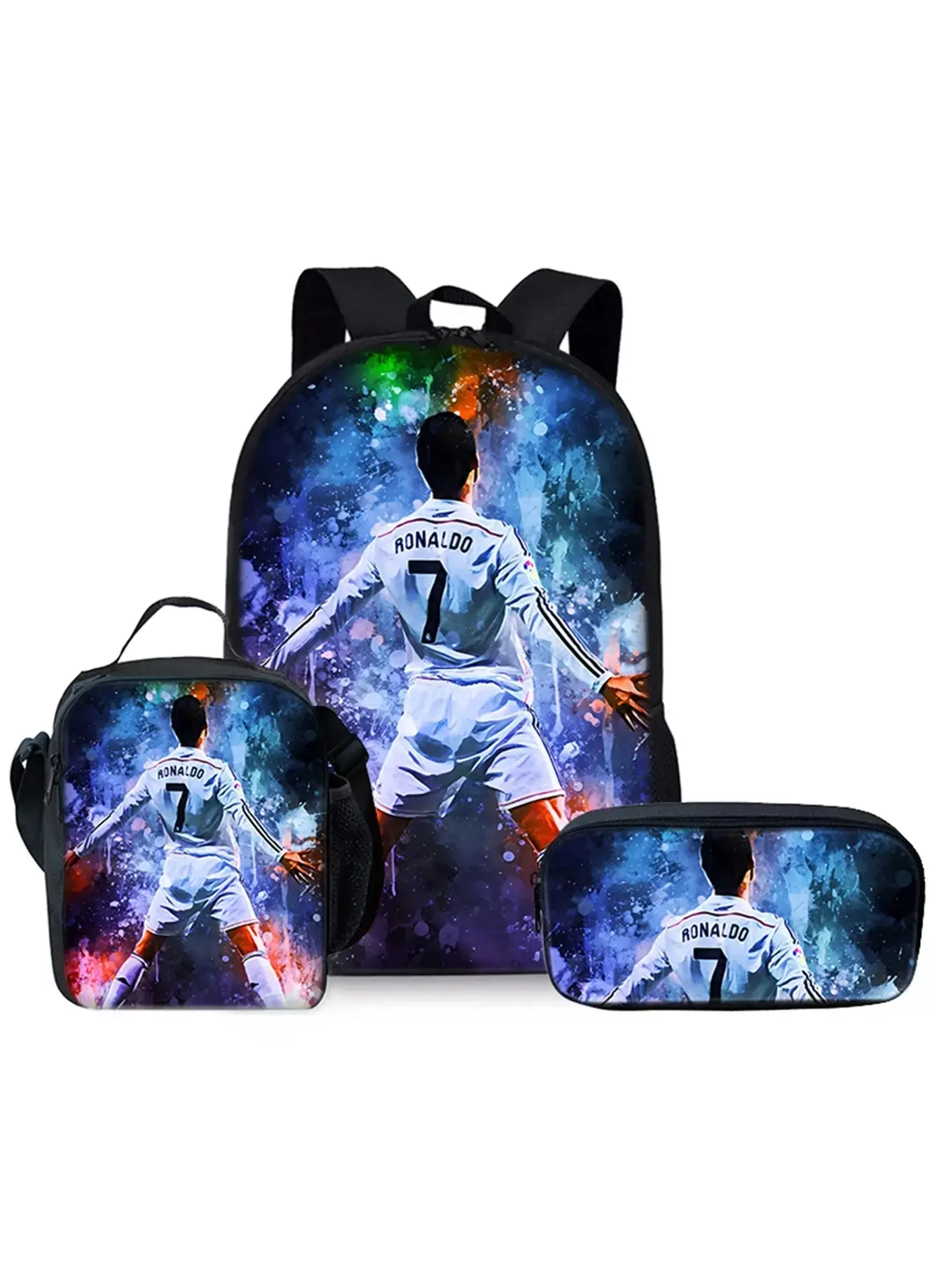 CR7 Football Theme 3-Piece Backpack Set for Male Boys, School Gear with Lunch Box and Pencil Case for Back to School Daily Use