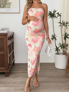 Maternity Floral Print Ruched Fitted Dress Beach Holiday Pregnancy Dress Women