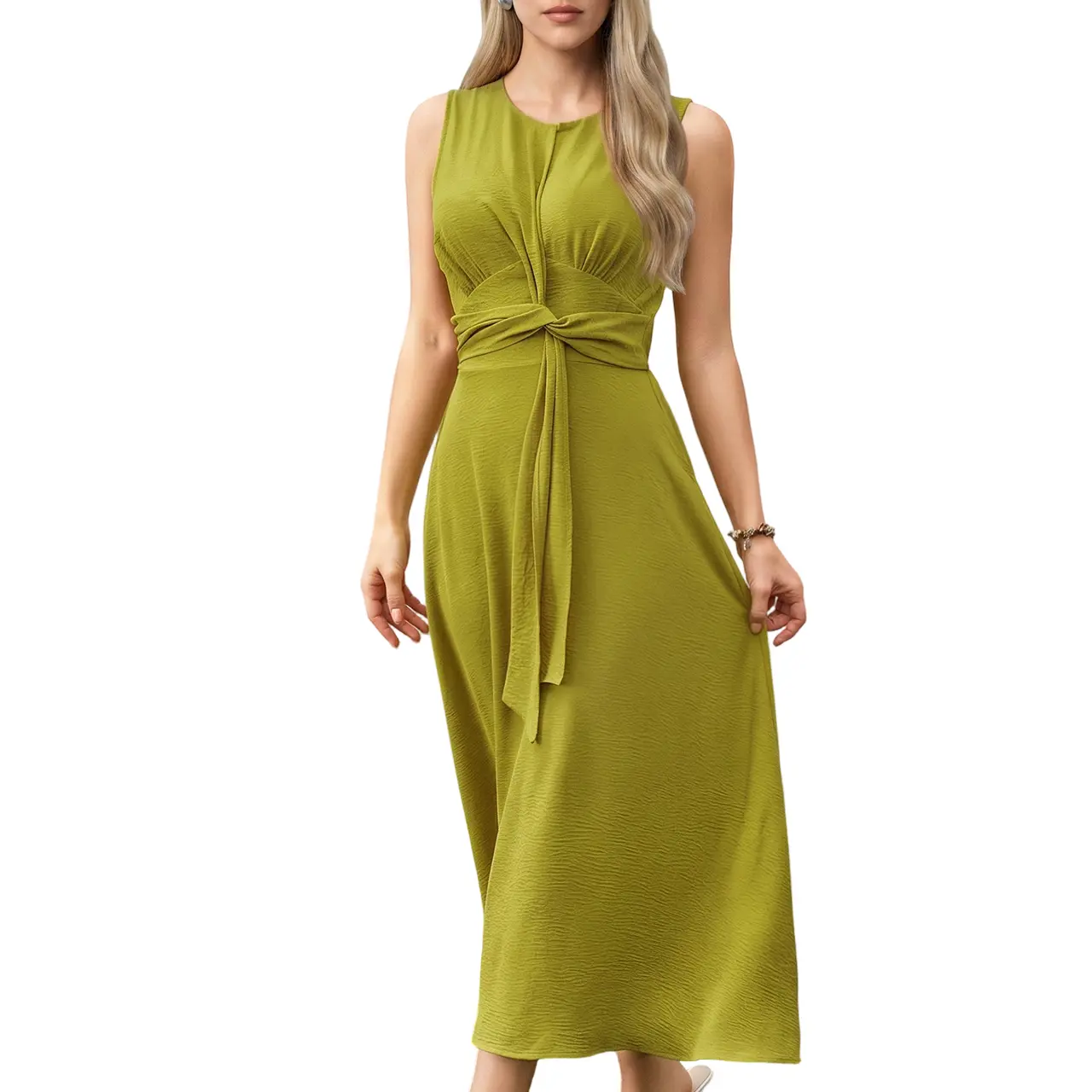 Elegant solid avocado green sleeveless midi dress with a ruched waist wrap tie and asymmetrical hem — brunch dress XTK4727M