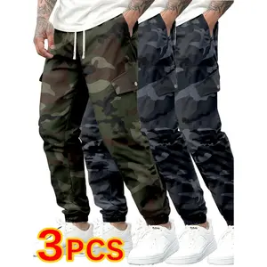3-Pack Men's Tactical Camo Cargo Pants Lightweight Durable Polyester Adjustable Waist Ankle Straps for Outdoor Hiking Streetwear