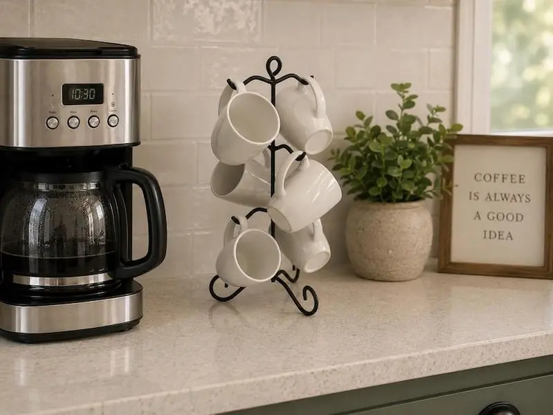 Handmade Wrought Iron Mug Holder | 6-Cup Coffee Station Organizer