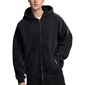 Double Zip Up Hoodie Oversized Acid Wash Heavyweight Fleece Cotton Zipper Hoodie Vintage