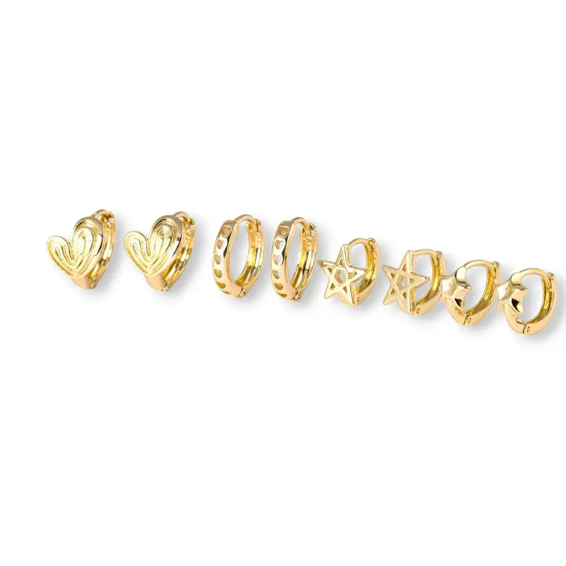 Brillo Eterno Girls' Gold-Tone Huggie Hoop Earrings, 10mm x 2mm Dainty Heart & Star Set for Earring Stacks, Lightweight, Heart Shaped Earrings