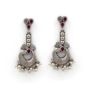 Oxidized Amrapali Peacock Earrings – Ruby Accents & Pearl Drops