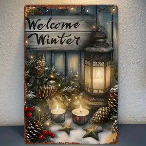 2D Charming Winter Iron Sign - Welcome Lantern with Candle Design, Perfect for Christmas and New Year Outdoor Decoration, 12x8 inches, Garden, Home, Patio, Yard Outdoor Christmas Decoration