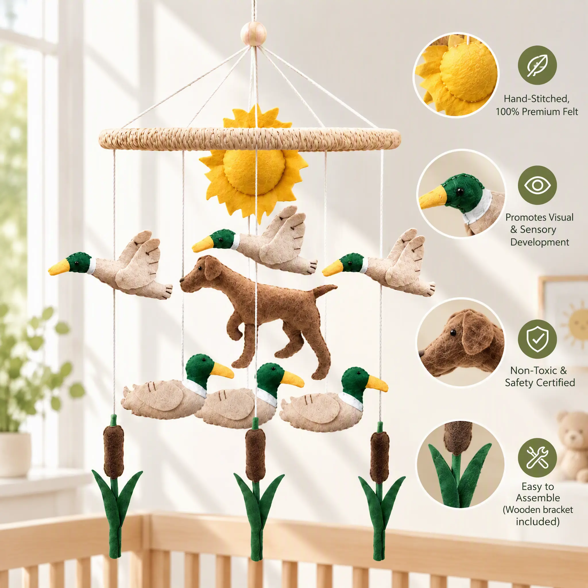 Teeloray Hand Felt Animal Nursery Decor, Farmhouse Hanging Mobile for Baby Room, Cute Duck & Dog Wall Hanging, Cozy Home Decoration & Baby Shower Gift Decorative Newborn Ornaments Hangable
