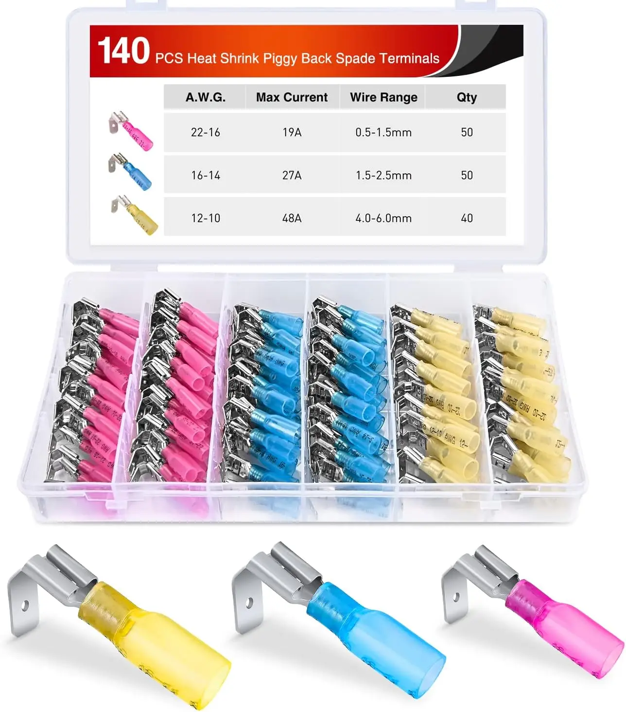 Nilight 140PCS Heat Shrink Piggy Back Spade Terminals Connectors Assortment Kit, 22-16/16-14/12-10 AWG Quick Splice Crimp for Auto Cars, Hiking & Light Outdoor 12V Accessories