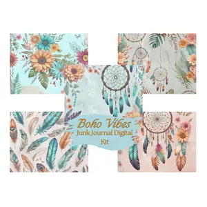 Boho Vibes Junk Journal Kit - 25 Background Pages with 3D Designs & High-Quality Images for Crafters, Scrapbookers & Journal Enthusiasts
