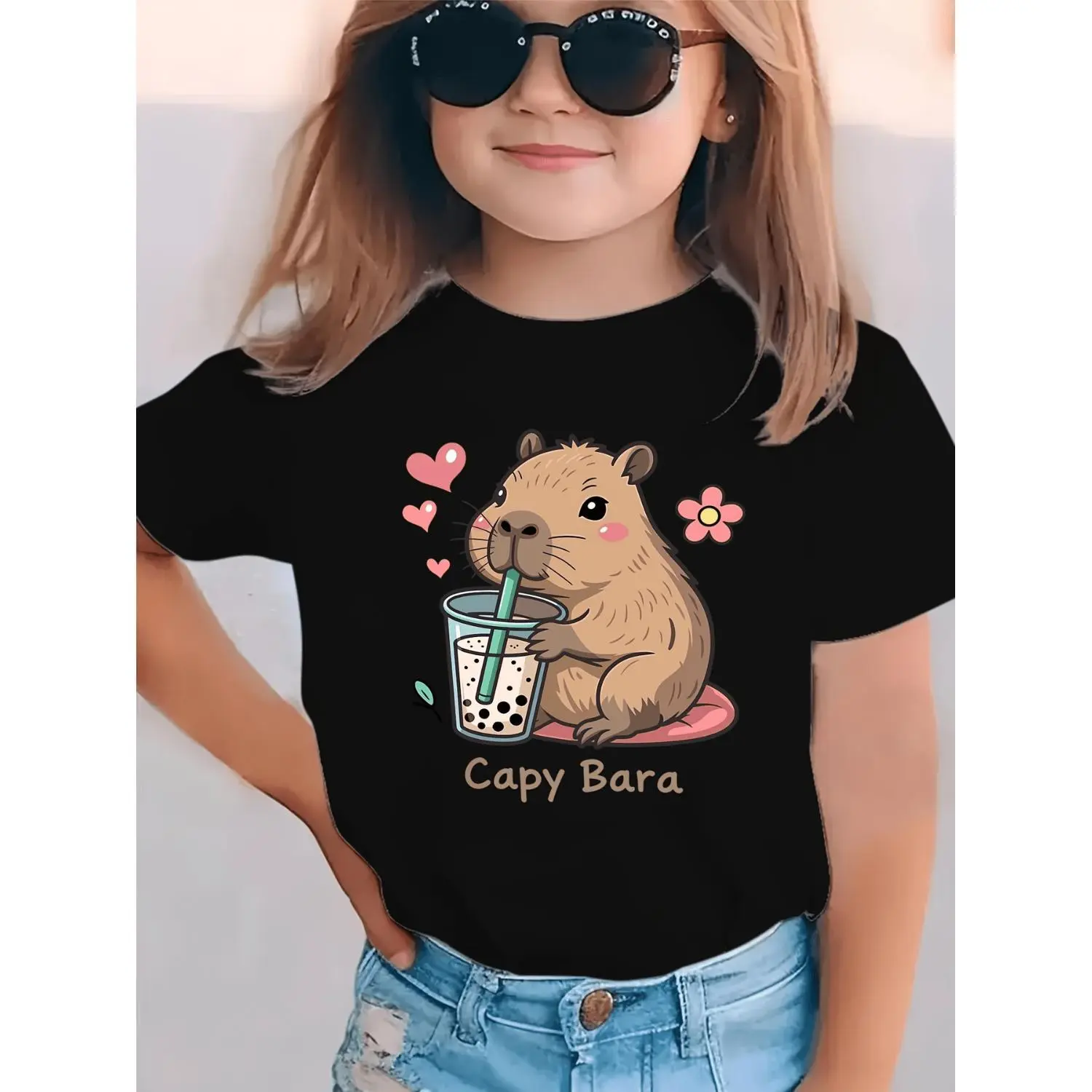 Kids' Capybara Graphic Printed T-Shirt - Cute Cartoon Summer Top with a Relaxed Cut, Soft Breathable Fabric for Daily Wear, Cute Cartoon Clothes, Graphic Printed Tees, 9 - 10 Years, Soft Cotton, All Seasons, Crew Neck, Loose-Fitting, Neat Stitching, Short