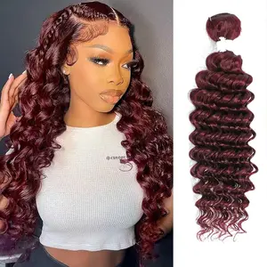 Human   Deep Wave 99j Burgundy  Extensions Sew in   Bundle 20 Inch Weave  for Women