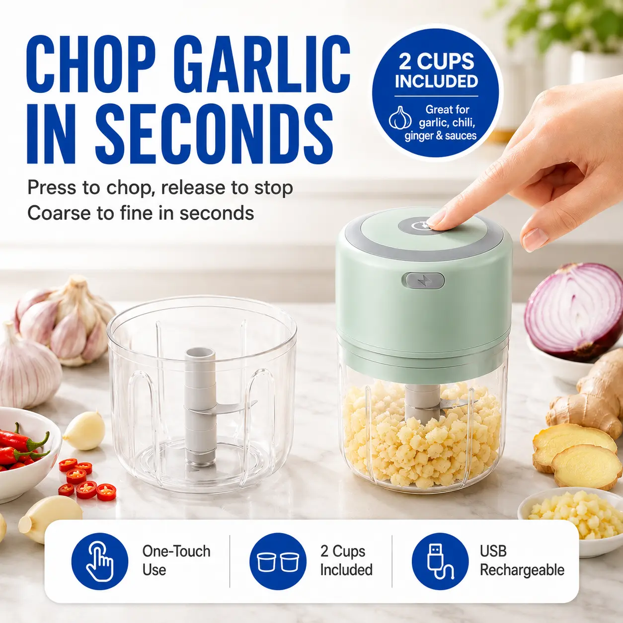 Mini Electric Food Chopper with 2 Cups, Rechargeable Kitchen Chopper for Onion, Garlic, Chili, Ginger, Fruit, Sauces and Daily Meal Prep