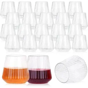 24 Pack Plastic Ribbed Wine Glasses, 14oz Stemless Disposable Wine Cups, Clear Unbreakable Outdoor Cocktail Glasses, Heavy Duty Reusable Plastic Drinking Cups for Party Wedding Mimosa Bar
