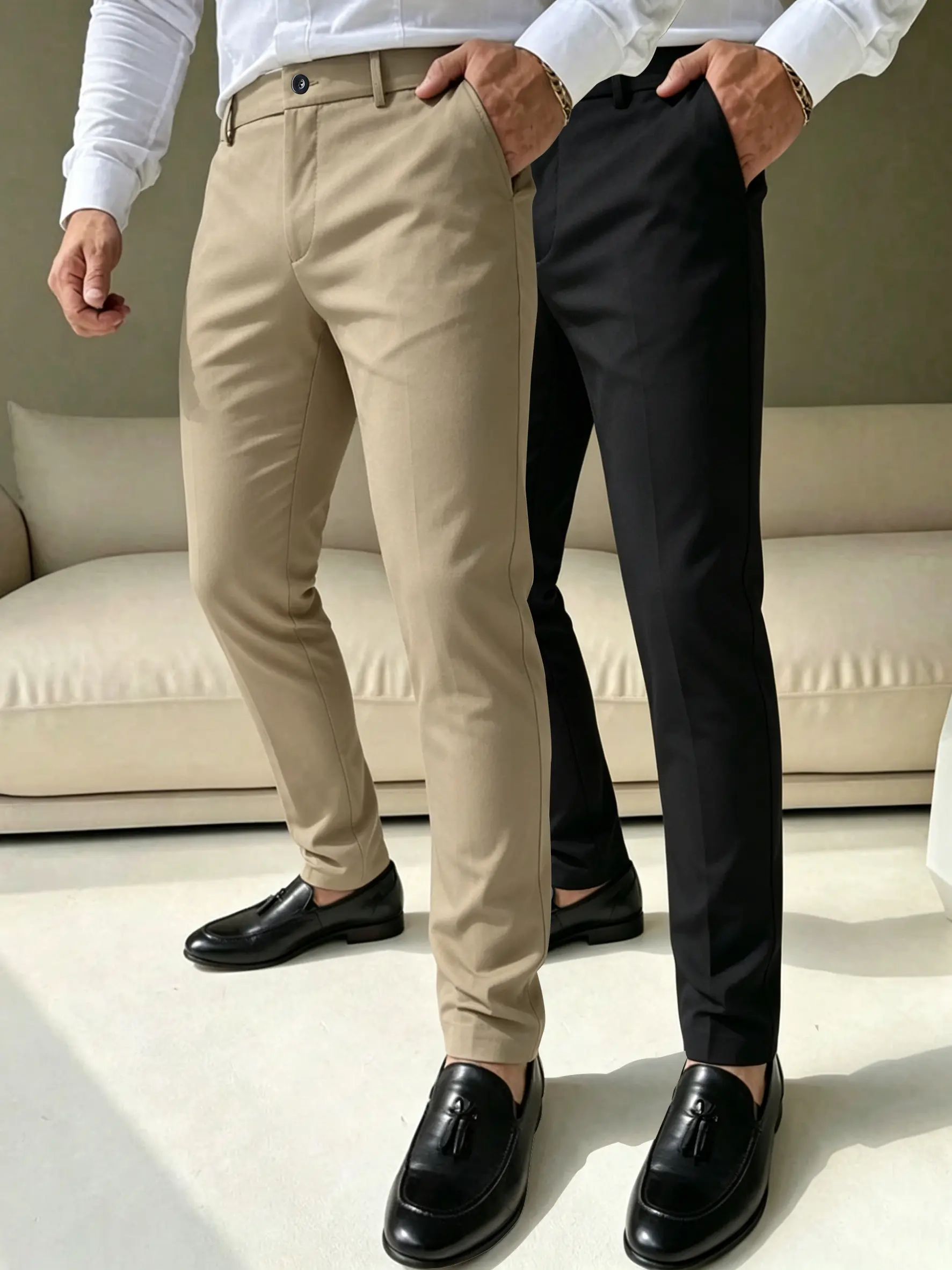 2-pack men’s business casual dress pants, slightly stretchy fabric, slim fit that flatters the figure, half elastic waistband, summervibes