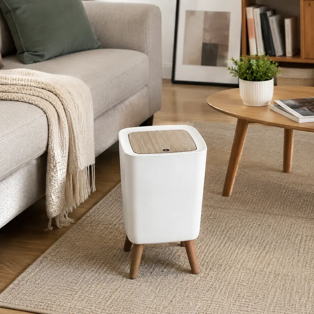 Nordic Press-Lid Trash Can with Removable Wooden Legs, Sealed Aesthetic Waste Bin for Bathroom, Kitchen Home Supplies automatic Touchless Smart recycling Double Tilt Out Cabinet