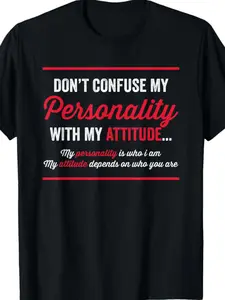 Men's 100% Cotton Heavy Fabric Short-Sleeve Graphic Tshirt - Round Neck, Black, Relaxed Fit, Humorous "Don't Confuse My Character and Attitude" Red & White Text, Fade-Resistant, Machine Washable, Casual Streetwear Office Top