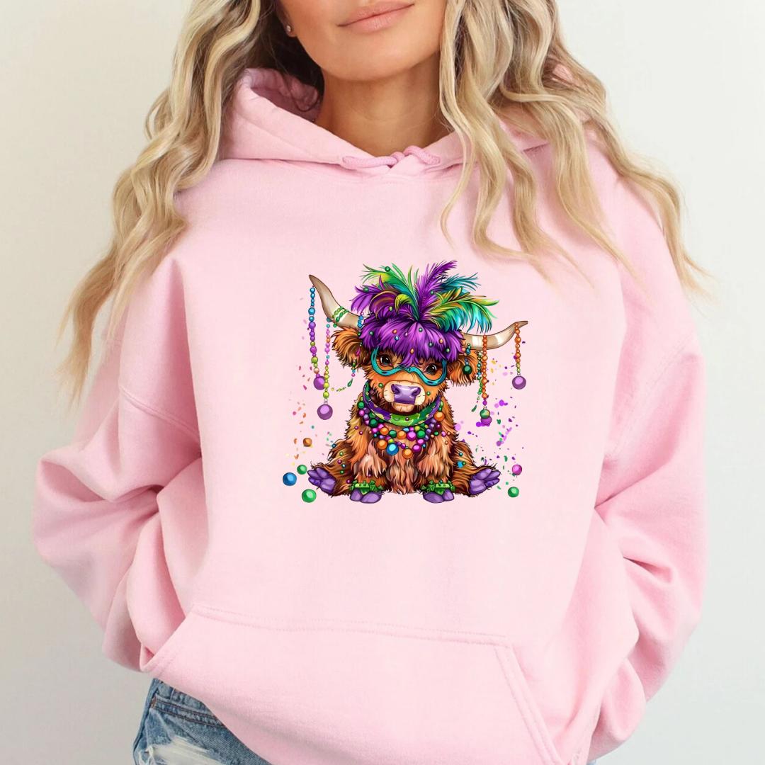 Funny Mardi Gras Cow Sweatshirt, Colorful Carnival Beads Feather Mask Graphic, Cute Farm Animal Crewneck