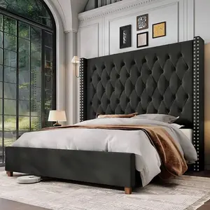 Queen/King/California King Size Platform Bed Frame With 61.4" Tall Upholstered Wingback Headboard, Solid Wood Legs, Handcrafted Pleats And Deep Button Tufted Design, No Box Spring Needed, Black
