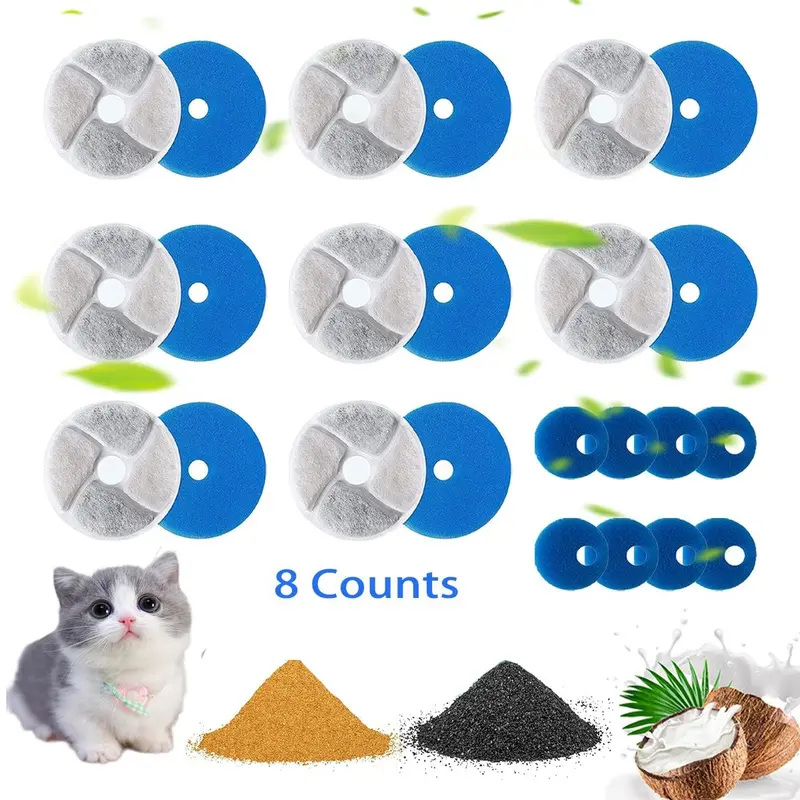 Cat Water Fountain Filter, 8 Counts/set Pet Water Dispenser Replacement Filter Element, Multiple Filtration System Suitable for Cat and Dog Water Dispensers, Animal Feeding Supply