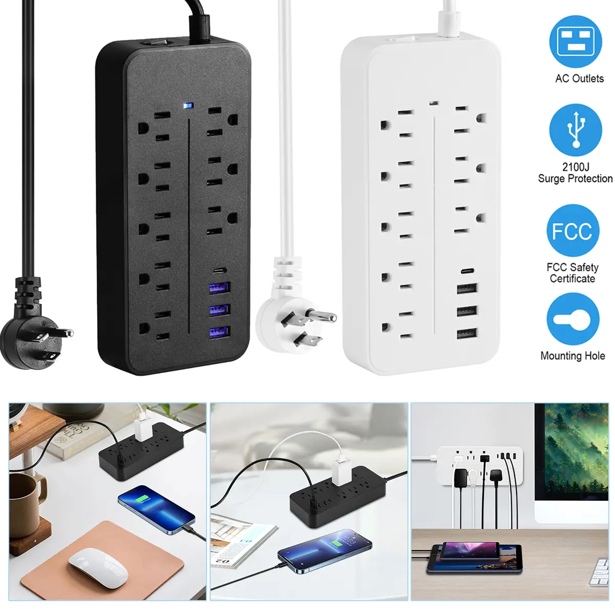 Black/White US Surge Protector Power Strip - 8 AC Outlets, 3 USB Plugs, 1 Type-C Port, Smart Charging Outlet Extender, Extension Cable Socket, Home Improvement Electrical Equipment, Home Accessories, Usb Plug, Power Outlet Extender