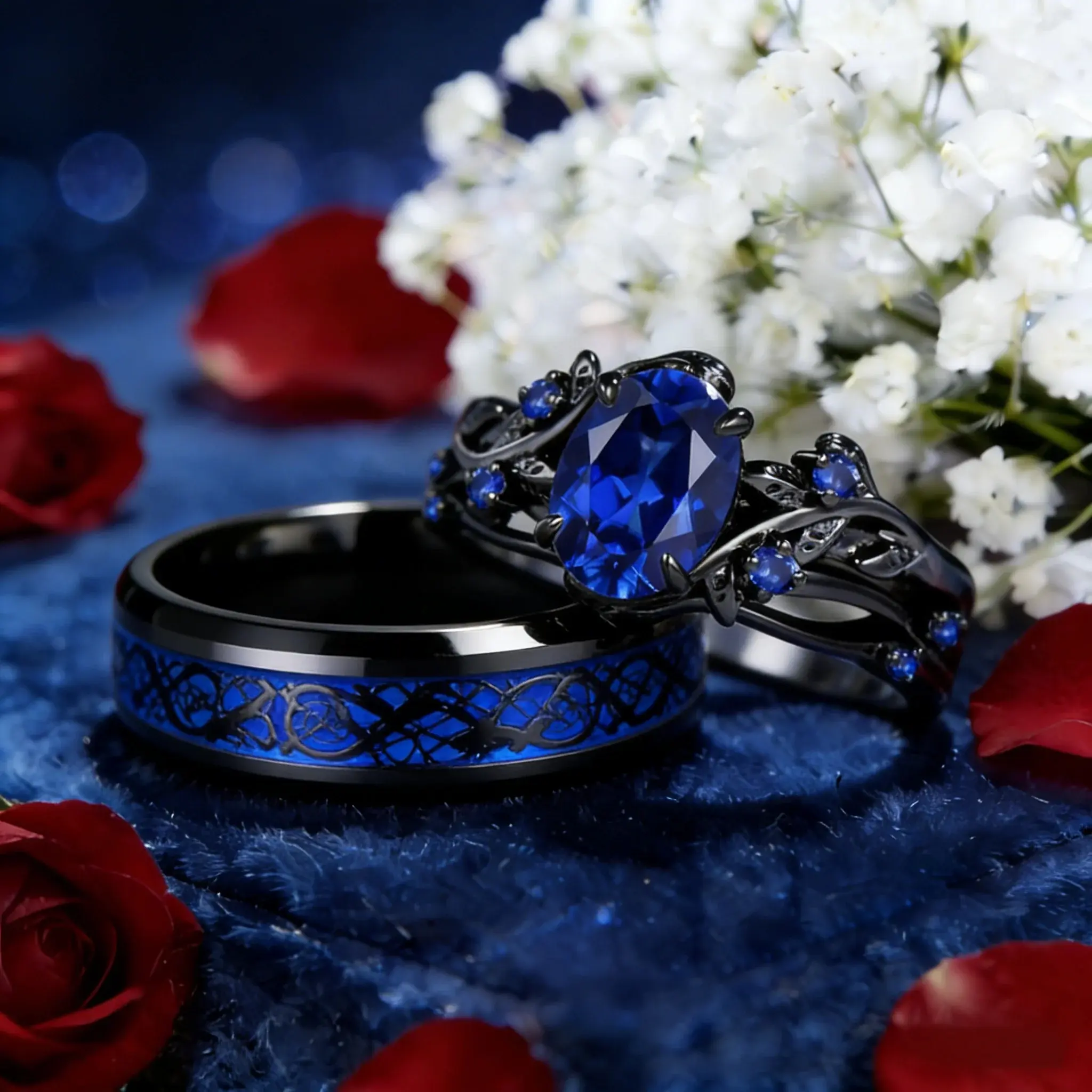 Charm Couple Rings Romantic Women Blue Rhinestones Rings Set Trendy Men Stainless Steel Celtic Dragon Rings Wedding