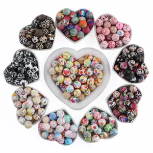 57PCS Printed 15mm Silicone Beads for keychain Bracelet Making,Printed Leopard Sunflower Geometric Space Star Silicone Beads for Pens DIY Crafts