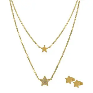 Stately Steel CZ Star Two-Strand Necklace and Stud Earrings Set