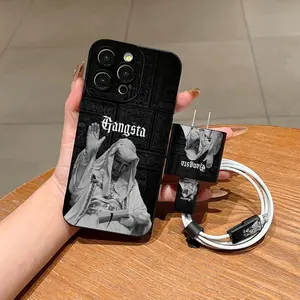 iPhone Case Set 5pcs Creative Illustrations Gangsta Pattern, Charging Head Cover, Data Line Protector, Storage Rope, Fits iPhone 15-16 Series