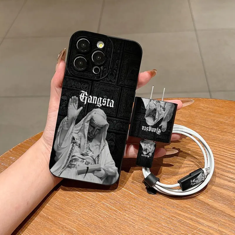 iPhone Case Set 5pcs Creative Illustrations Gangsta Pattern, Charging Head Cover, Data Line Protector, Storage Rope, Fits iPhone 15-16 Series