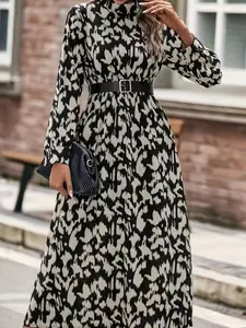 A women's casual geometric print high-neck long-sleeved dress with a belt, suitable for daily wear, exuding elegant and stylish vibes, with a beachy vibe, Womenswear