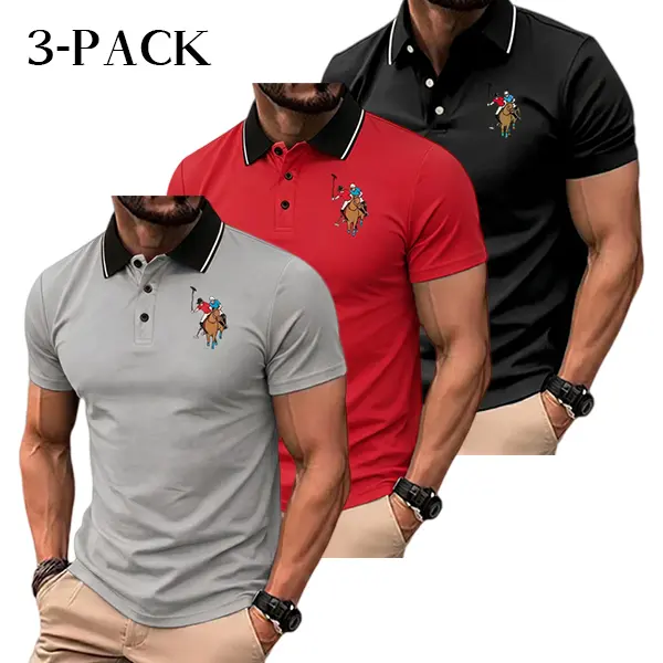 Men's 3-Pack Polo Shirts, Slim Fit Stylish Embroidered Tops with Pattern Print and Contrast Collar, Lightweight & Breathable for Summer Golf