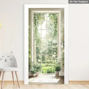 Self-Adhesive Removable Realistic Window and Door Stickers, PVC Glossy Garden Wall Mural, Ivy Leaves and French Door Design, Decoration Sticker