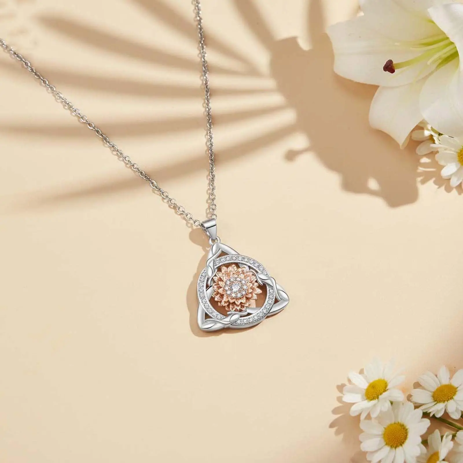 Women Zircon Sunflower Celtic Knot Necklace Symbolic Protection