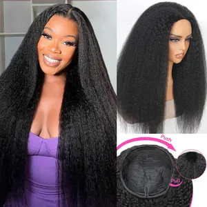 Bling Hair 14~32" Kinky Straight Half Wig Human Hair Glueless Wig Ready to Wear 3 IN 1 Yaki Straight Half Wig With Elastic Drawstring