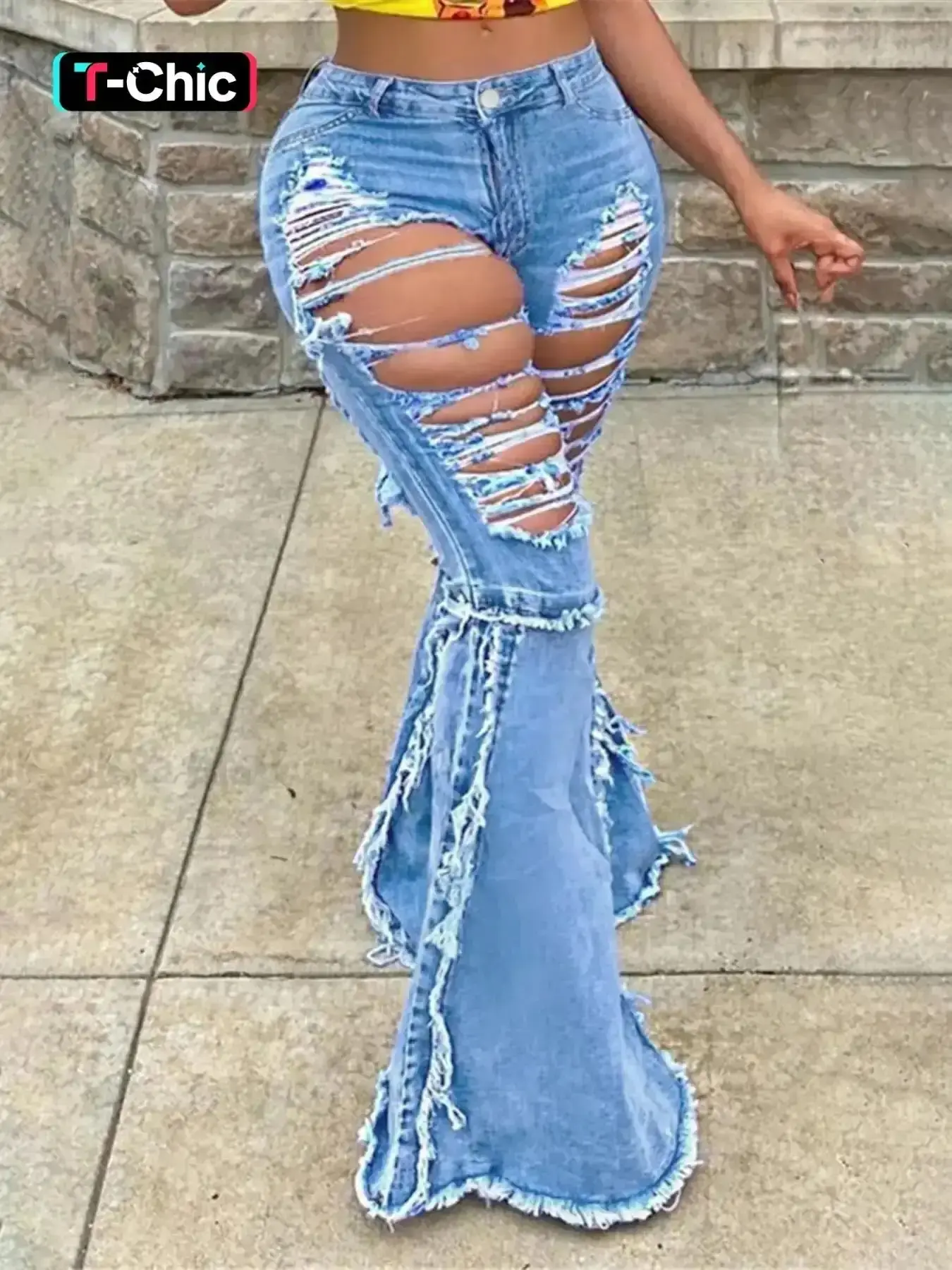 Women's Edgy Dark Blue Distressed Flare Denim Jeans, Stretchy Coated Fabric Fit Ultra-Ripped Bell-Bottom Pants for Trendy Streetwear Looks, Perfect for Concert & Retro Themed Parties, Womenswear