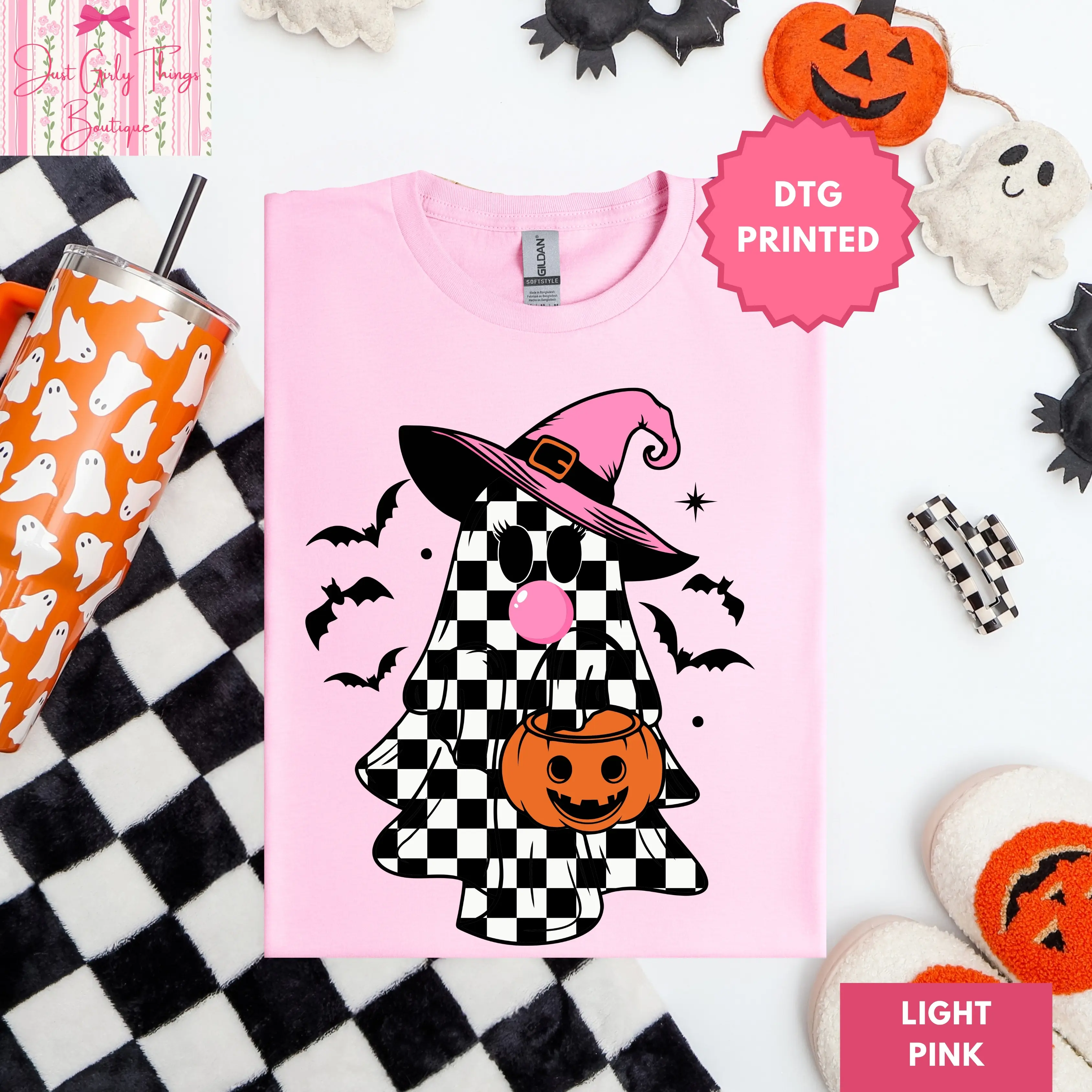 Checkered Ghoul Shirt - Gildan 64000 Softstyle/Gildan 5000 Heavy Cotton Tee -  Retro Halloween Ghost Shirt, Retro Checkered Ghost Shirt, Pink Halloween Shirt