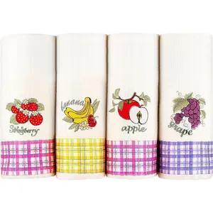 , Dish Towels for, Turkish Cotton Waffle Weave Fruits Embroidered Washable Tea Towels with Housewarming Gift (Set of 4), 16 x 24 inches