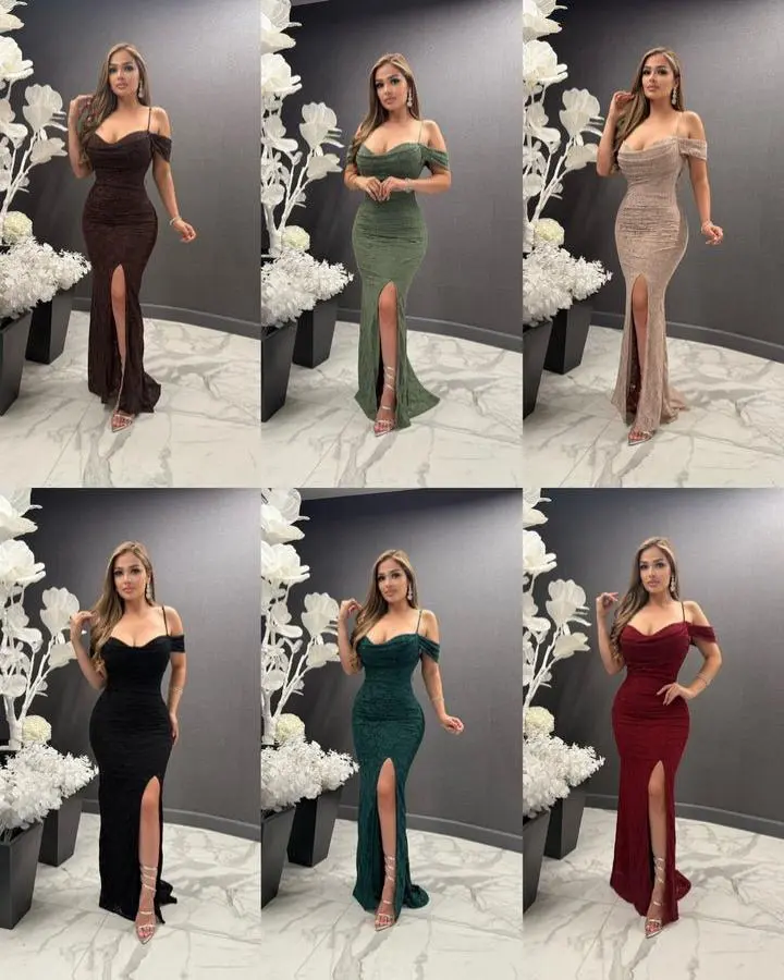 Roxana Maxi Lace Dress - True to Size Stretchy Side Slit Top Quality Polyester Elastane Material Available in Multiple Colors Formal Womenswear with Adjustable Straps
