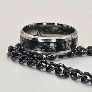 Black Tourmaline and Pyrite mix Stainless Steel sizes 4.5-12 8mm,6mm,2mm widths Semiprecious Stone Ring