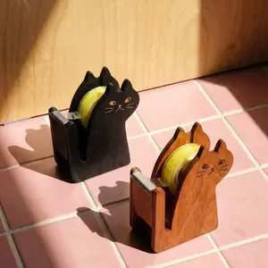 Cute Wooden Cat Tape Dispenser, Transparent Tape Holder, Adhesive Desk Stand, Unique Office and School Stationery Gift for Friends