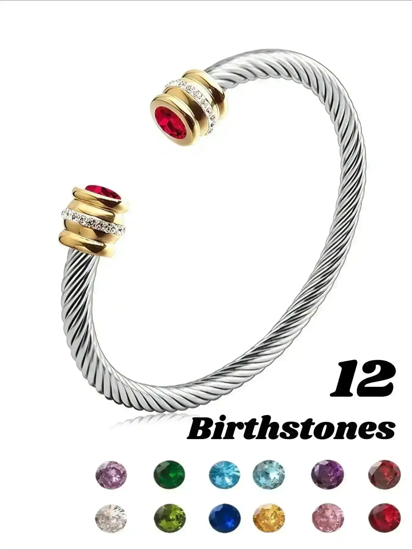 2026 New Model Unisex Casual Fashion Stainless Steel Birthstone Cuff Bracelet, Rhinestone Design, Zinc Alloy Chain, Adjustable Bracelets, All Seasons Wear Elegant Chic Gift Trendy Exquisite Stylish Refined Great